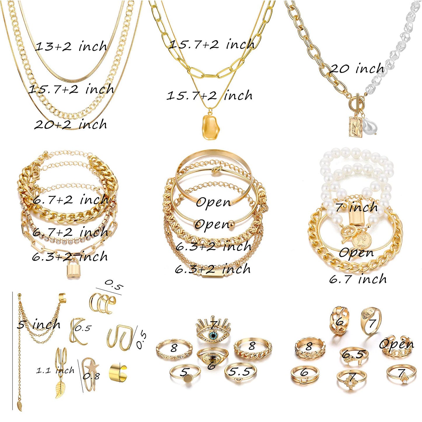 IFKM Gold Plated Jewelry Set with 5 PCS Necklace, 14 PCS Bracelet, 20 Pairs Earring, 20 PCS Knuckle Rings for Women Valentine Anniversary Birthday Friendship Gift