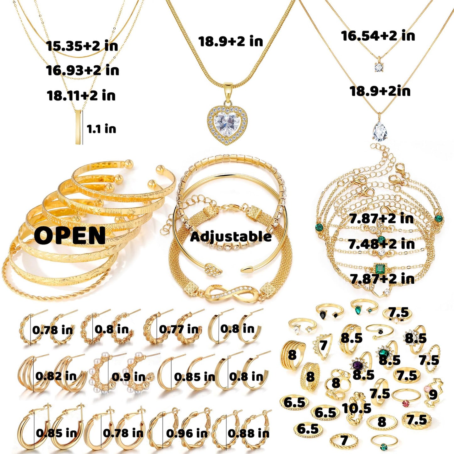 IFKM Gold Plated Jewelry Set with 5 PCS Necklace, 14 PCS Bracelet, 20 Pairs Earring, 20 PCS Knuckle Rings for Women Valentine Anniversary Birthday Friendship Gift