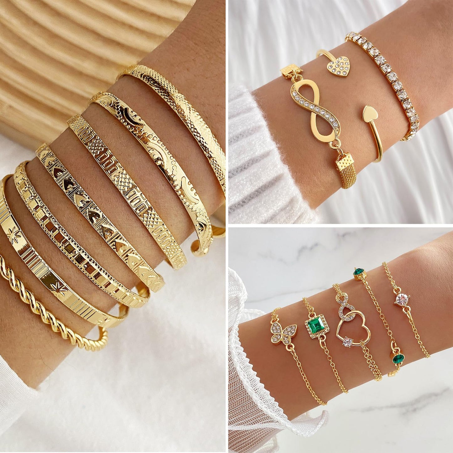 IFKM Gold Plated Jewelry Set with 5 PCS Necklace, 14 PCS Bracelet, 20 Pairs Earring, 20 PCS Knuckle Rings for Women Valentine Anniversary Birthday Friendship Gift