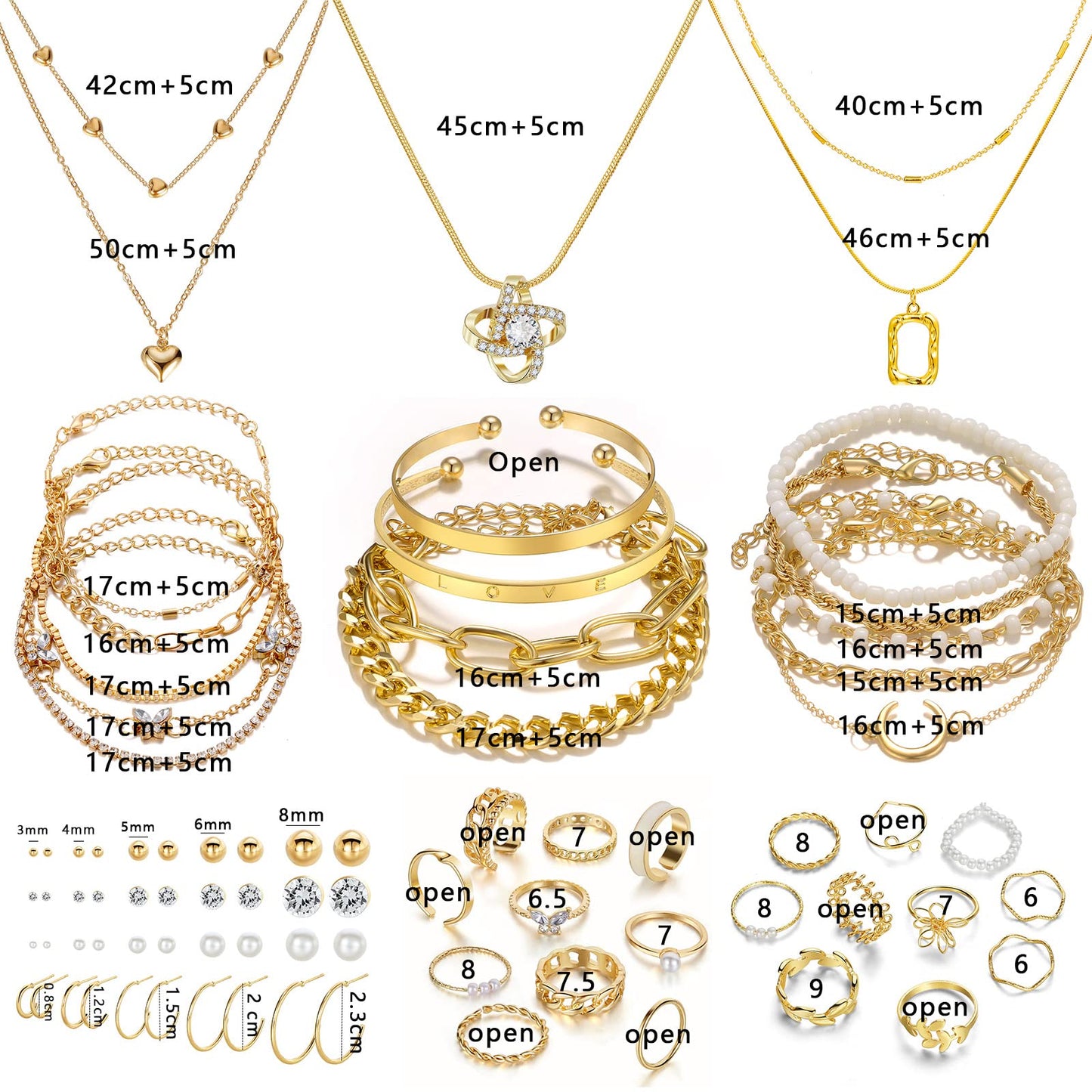 IFKM Gold Plated Jewelry Set with 5 PCS Necklace, 14 PCS Bracelet, 20 Pairs Earring, 20 PCS Knuckle Rings for Women Valentine Anniversary Birthday Friendship Gift